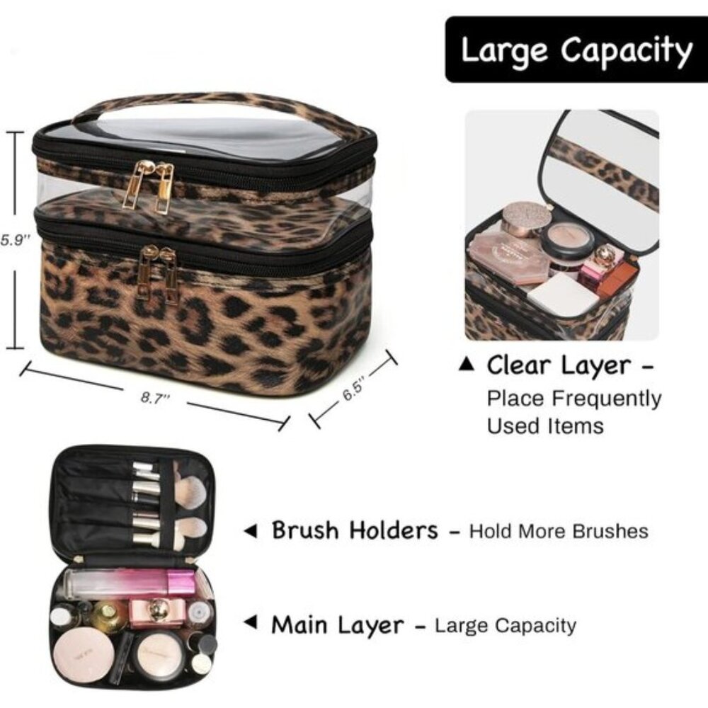New Portable Double-layer Travel Cosmetic Makeup Bag for Women - Leopard - Picture 4 of 9